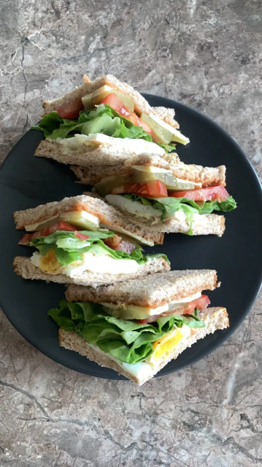A plate with four sandwiches on it.
