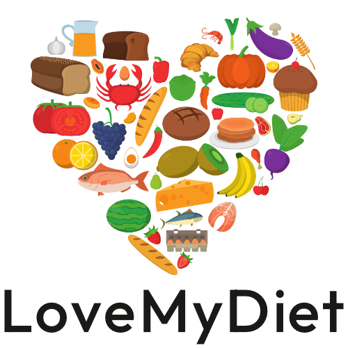 lovemydiet logo composed of a heart made from various meal ingredients