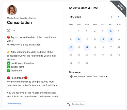 a screenshot of a calendar showing a date and time for a nutritional consultation with nutritionist Marta Holewa