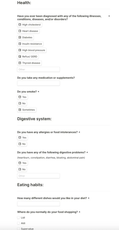 Screenshot of the form the patient must fill out to have a nutritional consultation with nutritionist Marta Holewa