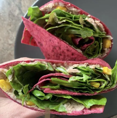 A person holding a wrap with lettuce and tomatoes.