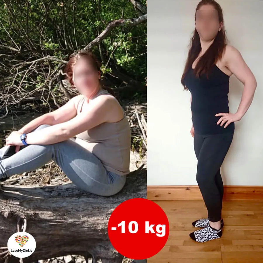 before and after of a woman with a 10 kg weight loss on a personalised diet plan at Lovemydiet.