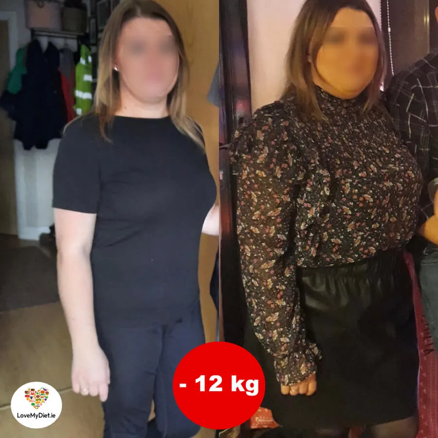 before and after of a woman with a 12 kg weight loss on a personalised diet plan at Lovemydiet.
