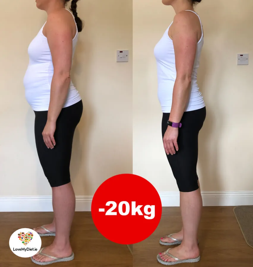 before and after of a woman with a 20 kg weight loss on a personalised diet plan at Lovemydiet.