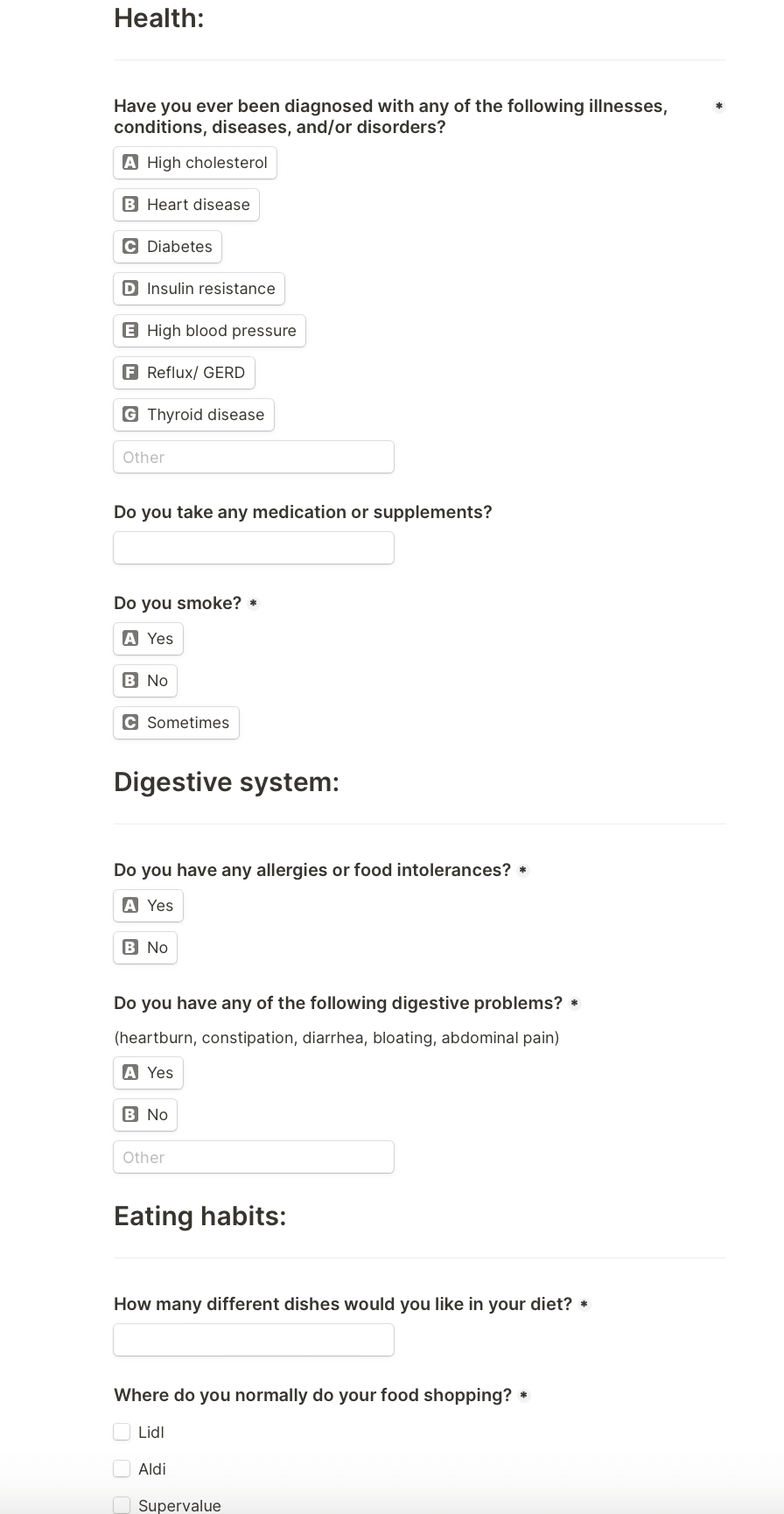 Screenshot of the form the patient must fill out to have personalized diet plan.